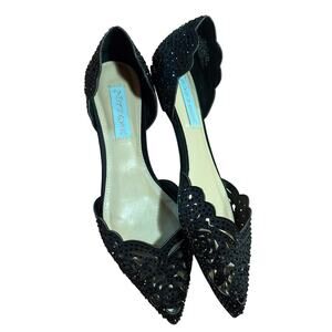 Betsey Johnson SB-LUCY Womens Sz 7.5M Black Rhinestone Flats Scalloped D’Orsay